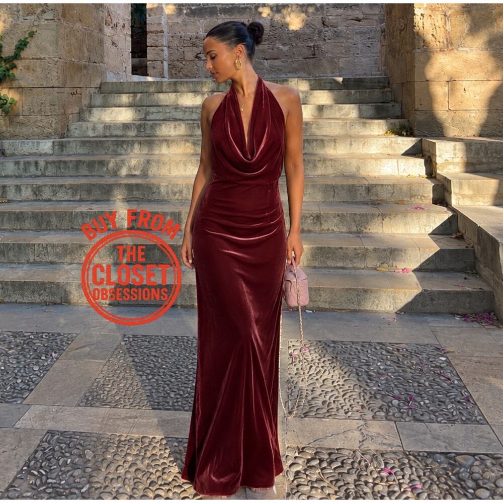Zara NWT Raspberry Velvet Halter Open Back Maxi Dress M - Picture 7 of 16